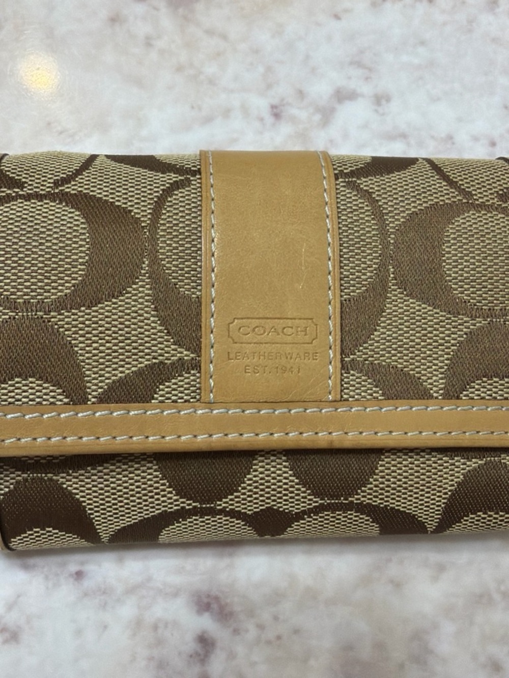 Coach Tan Signature Canvas Continental Wallet with Leather Trim